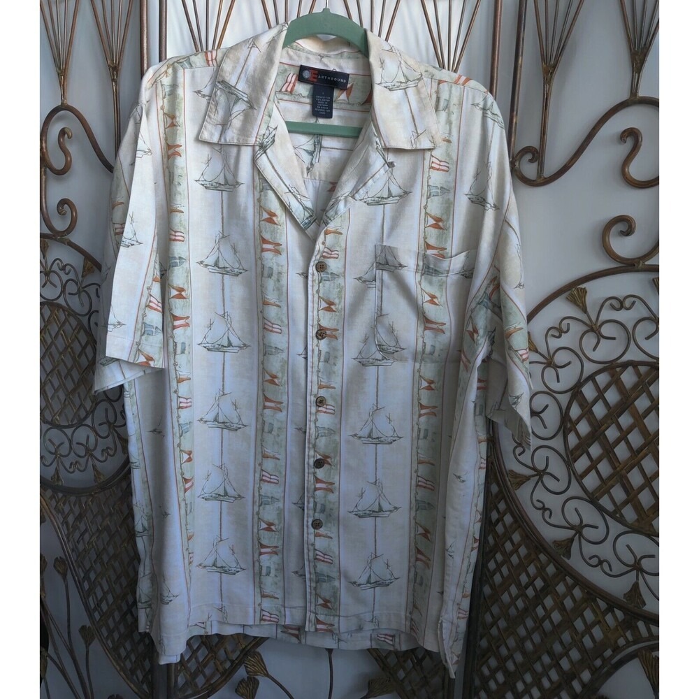 EARTHBOUND Mens Large Sailing Boat Nautical Print Short Sleeve Button Up Shirt L